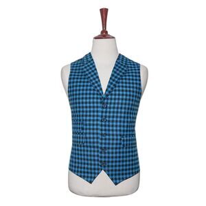 Mens 46R Wool Blue Black Check Plaid Vest Waistcoat Wedding Party Formal Casual